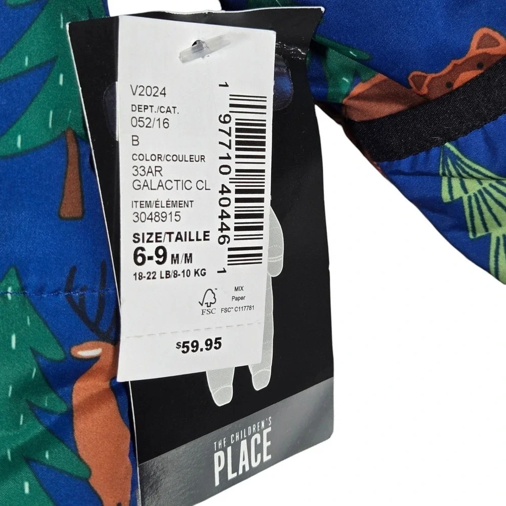 The Childrens Place Puffer Snowsuit Baby 6-9M Blue Woodland Animals NWT